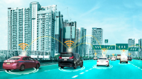 Koncepcja połączonych pojazd&oacute;w (connected cars) na miejskiej autostradzie z wieżowcami w tle. Symbole Wi-Fi nad autami i na budynku oraz łączące je łuki symbolizują bezprzewodową wymianę danych