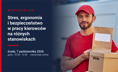 Baner informujący o webinarium online dotyczącym stresu oraz ergonomi i bezpieczeństwa w pracy kierowców