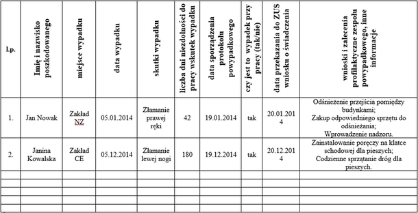 Przykładowy rejestr wypadk&oacute;w