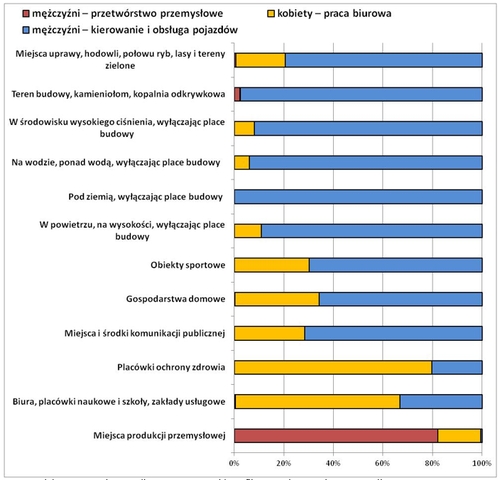 Miejsce powstania wypadku przy pracy w zidentyfikowanych grupach segmentacji