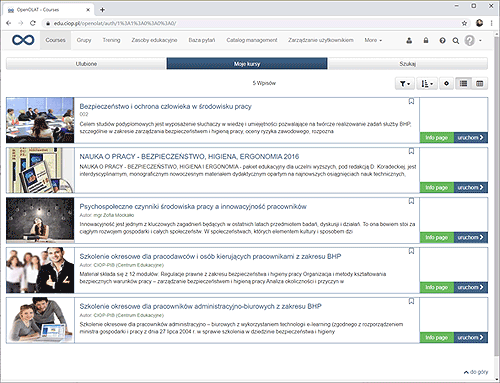 Widok ekranu przeglądarki internetowej prezentujący dostępne materiały edukacyjne z zakresu bhp zamieszczone na platformie edukacji zdalnej Open OLAT