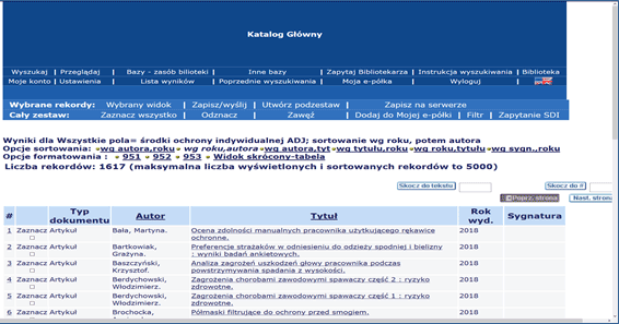 Przykład wyszukiwania w bazach systemu ALEPH („środki ochrony indywidualnej”)