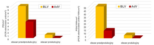 Średnie stężenia kopii wirusów BLV i AdV w powietrzu i na powierzchniach w obszarze przedpro-dukcyjnym